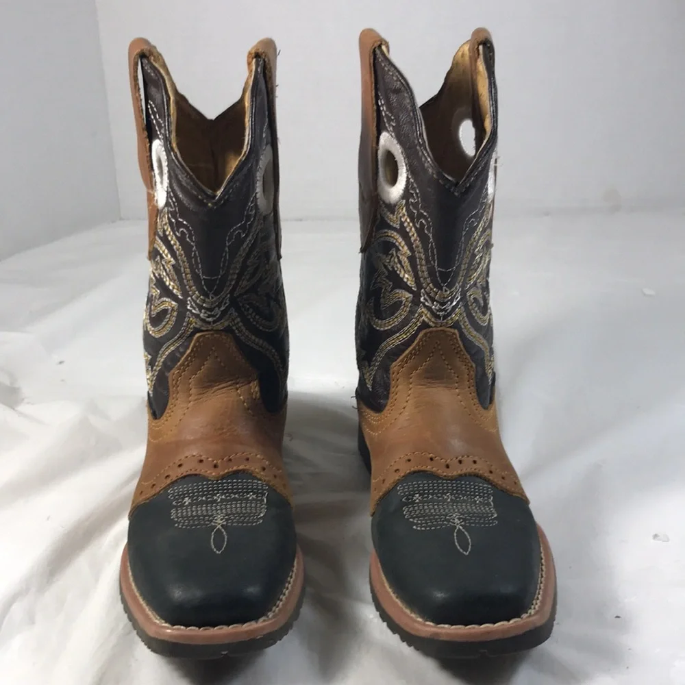 El General Buffalito Kids Brown and Black Leather Cowboy Rodeo Square Toe Boots